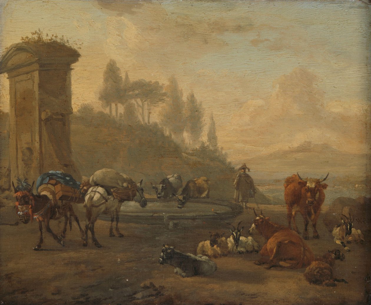 Állatállomány egy szökőkút mellett alkotó: Willem Romeyn