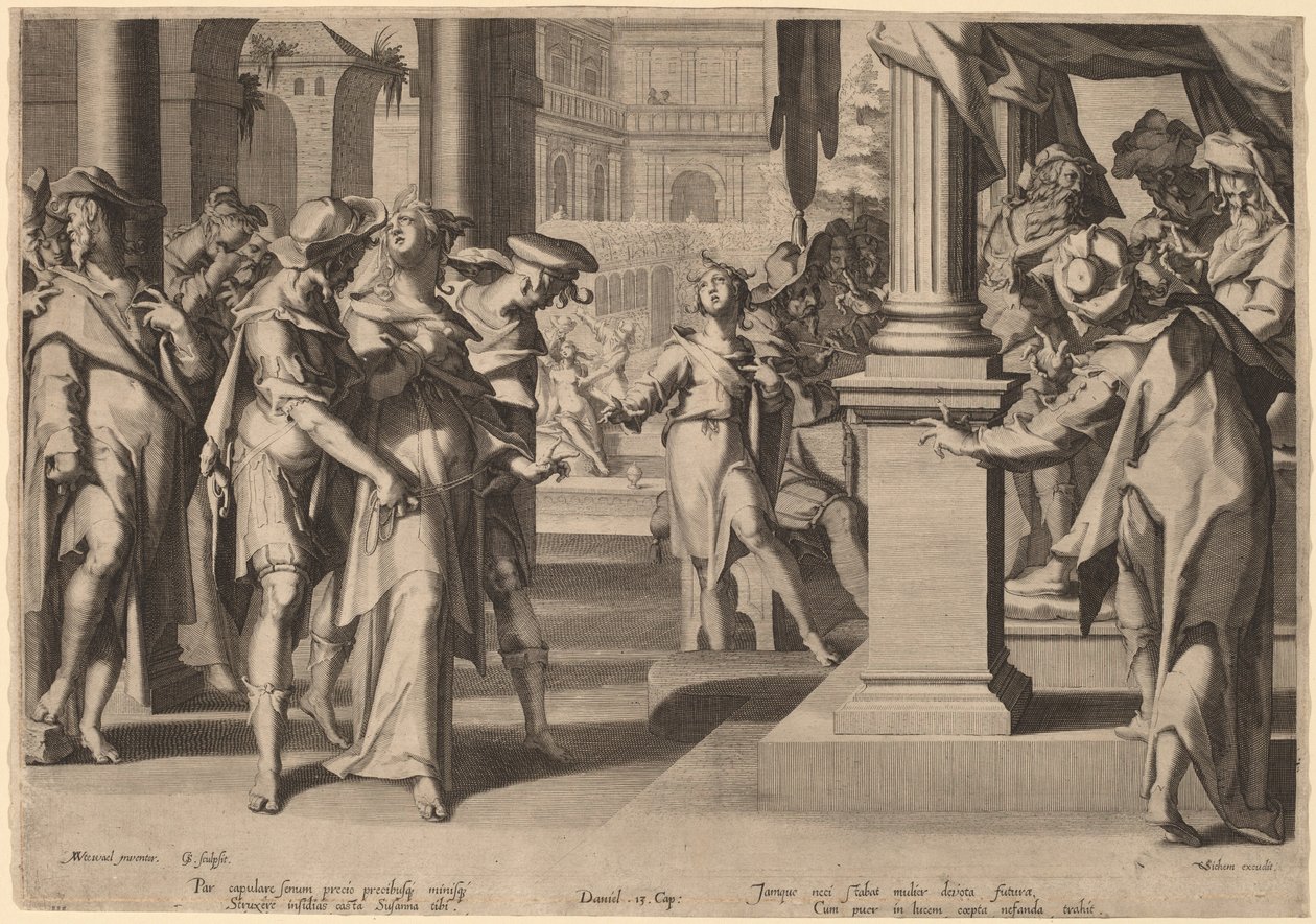 Suzannah Daniel előtt alkotó: Willem Swanenburgh, after Joachim Anthonisz Wtewael