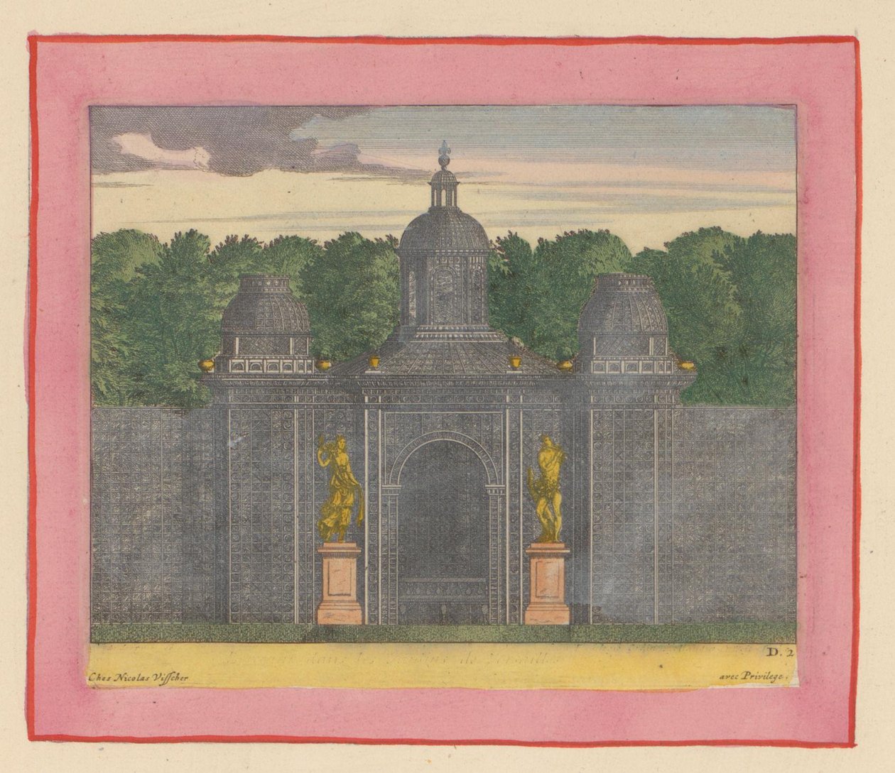 Pavillon aus Lattenwerk mit Musikerstatuen in den Gärten von Versailles alkotó: Willem Swidde