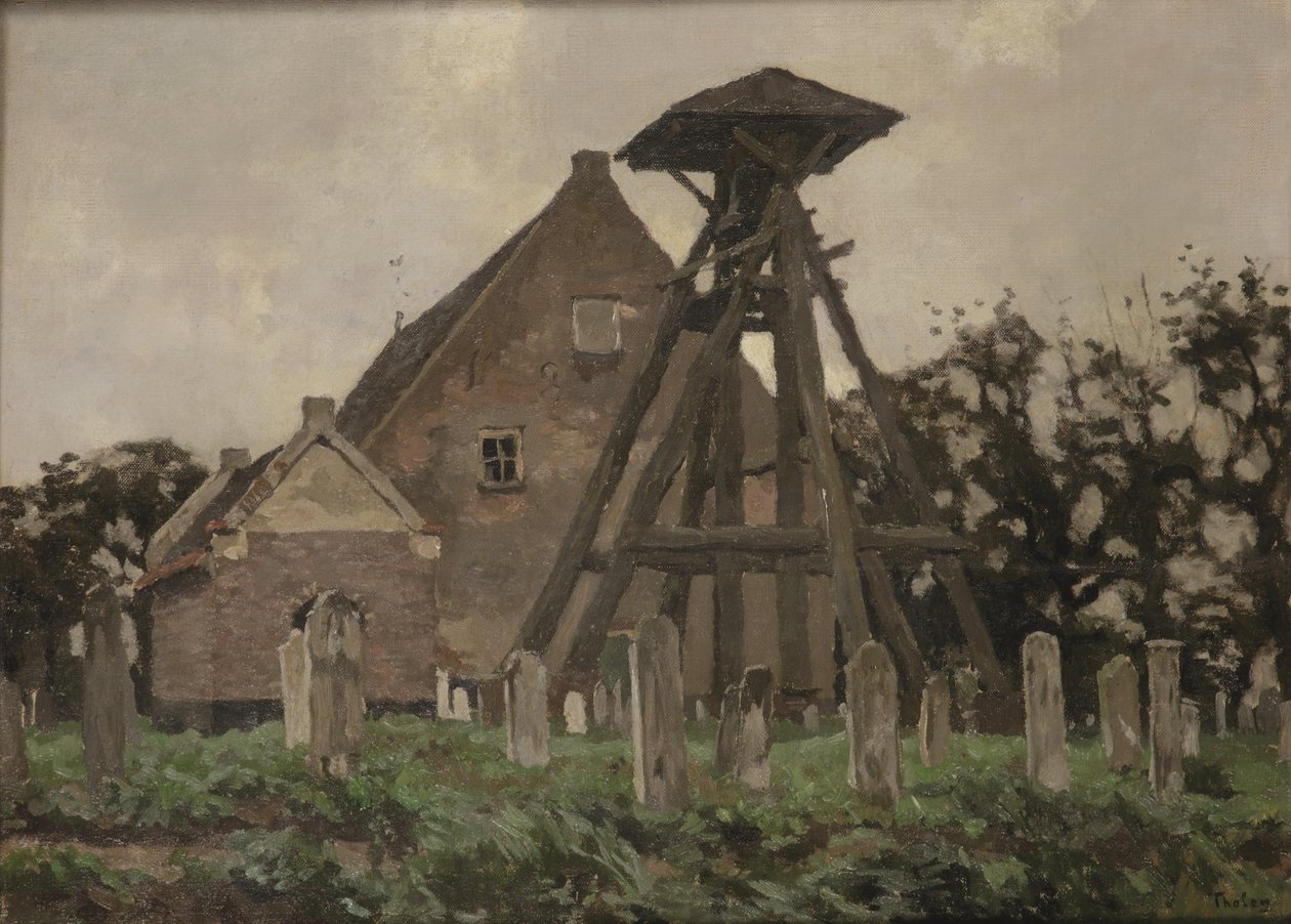 A giethoorn-i templom a harangtoronnyal (olaj, vászon, falapra fektetve) alkotó: Willem Tholen