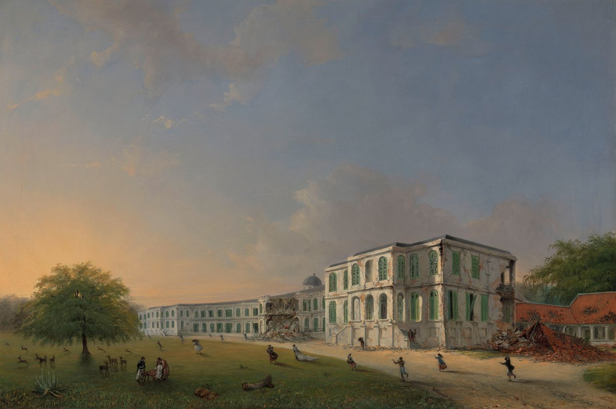 A Buitenzorg-palota elölnézete az 1834. október 10-i földrengés idején A Buitenzorg-palota elölnézete az 1834. október 10-i földrengés után alkotó: Willem Troost (II)