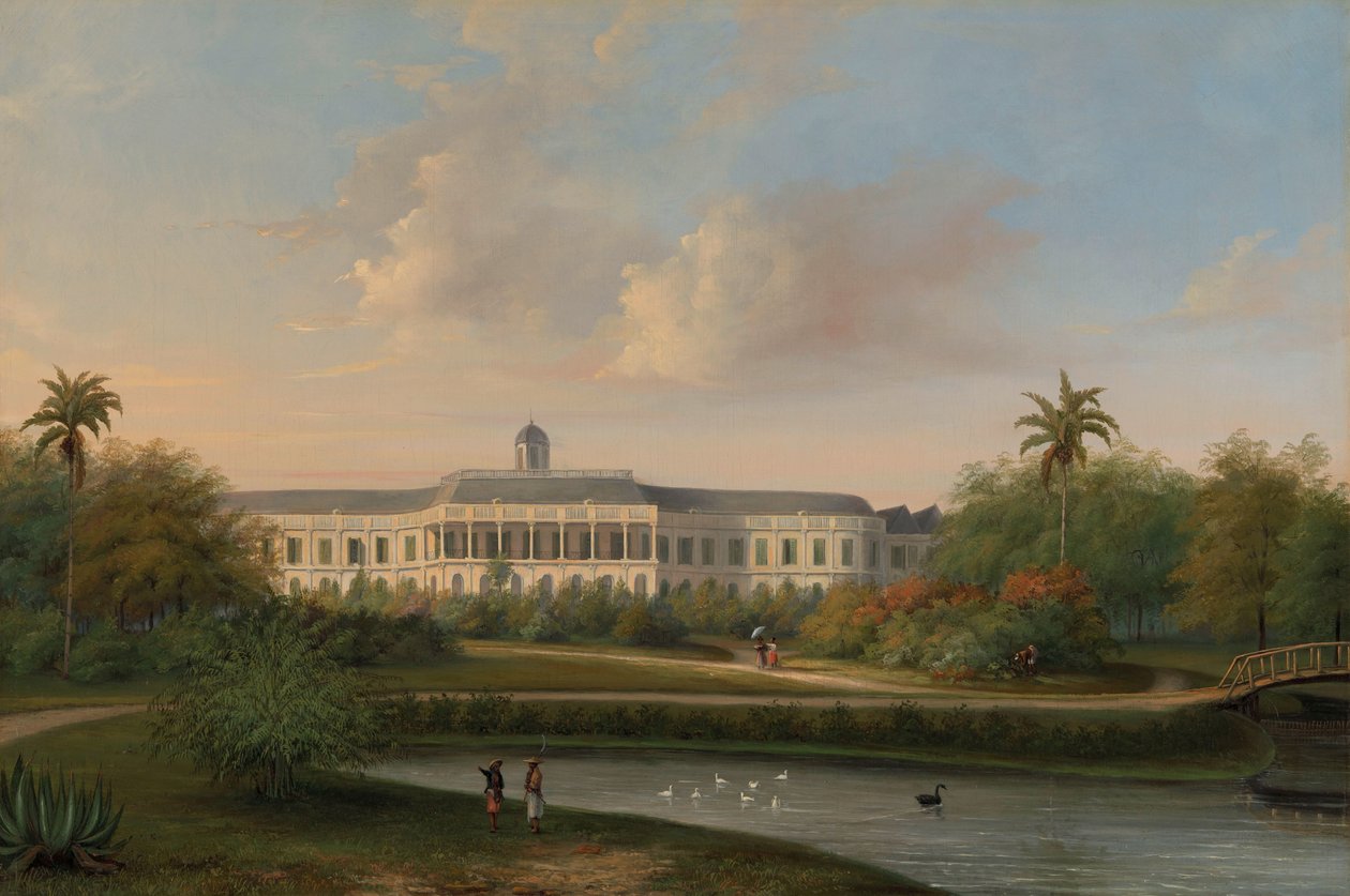 A Buitenzorg-palota hátulnézete az 1834. október 10-i földrengés előtt alkotó: Willem Troost (II)