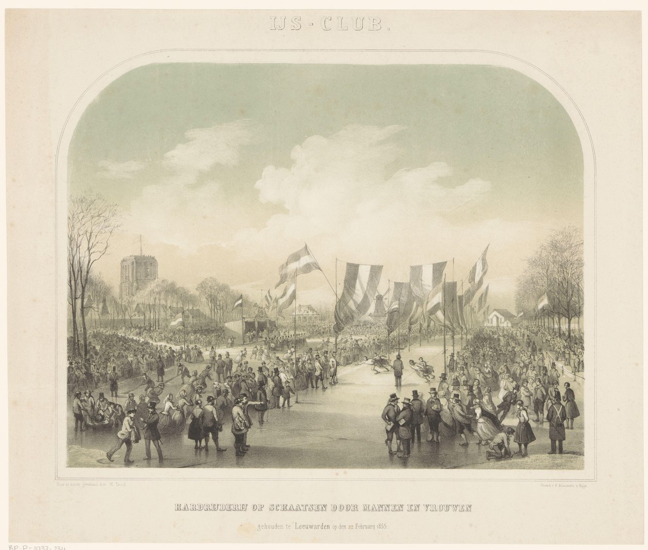 Korcsolyaverseny Jégklub/korcsolyaverseny férfiak és nők által Leeuwardenben 1855. február 22-én (cím a tárgyon) alkotó: Willem Troost (II)