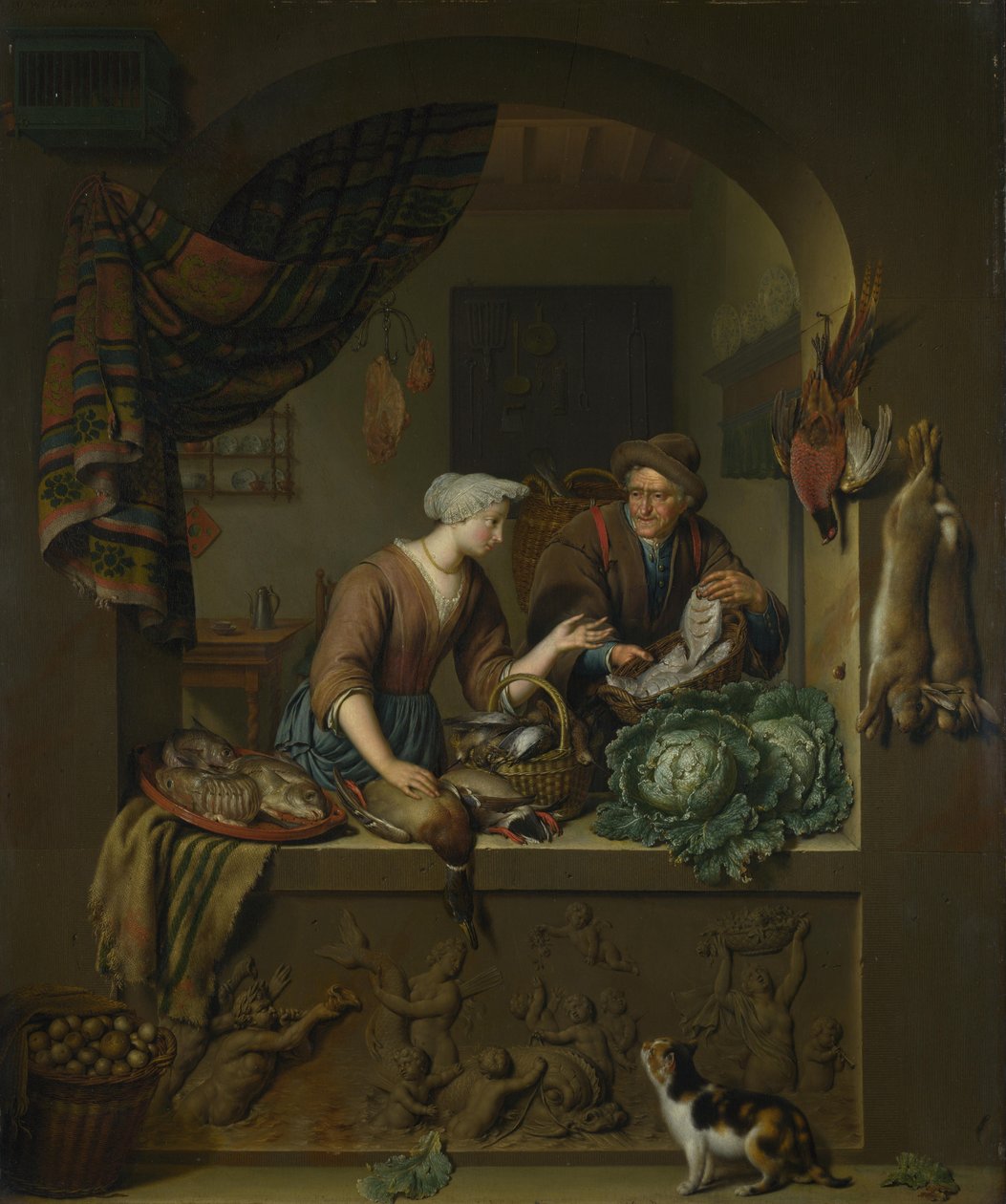 Egy nő és egy halász a konyhában, 1713 alkotó: Willem Van Mieris