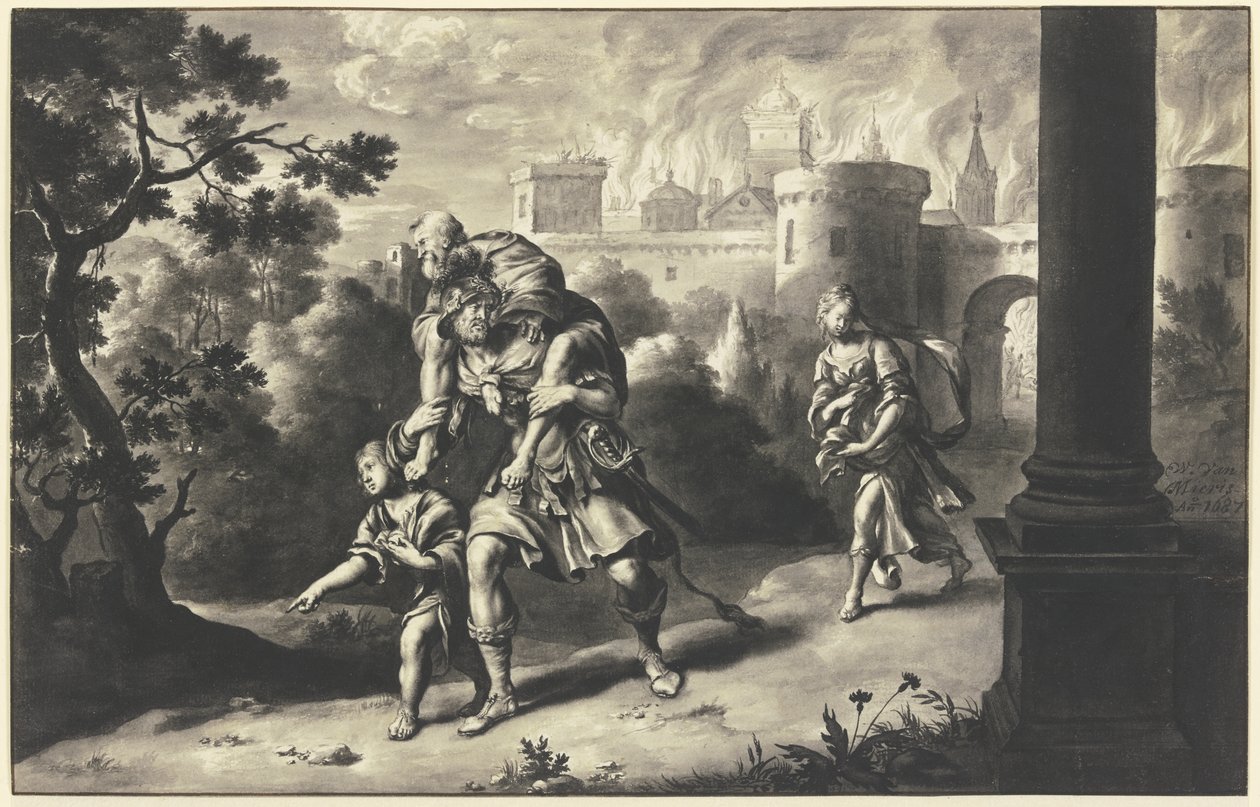 Aeneas kimenti Anchisest az égő Trójából alkotó: Willem Van Mieris