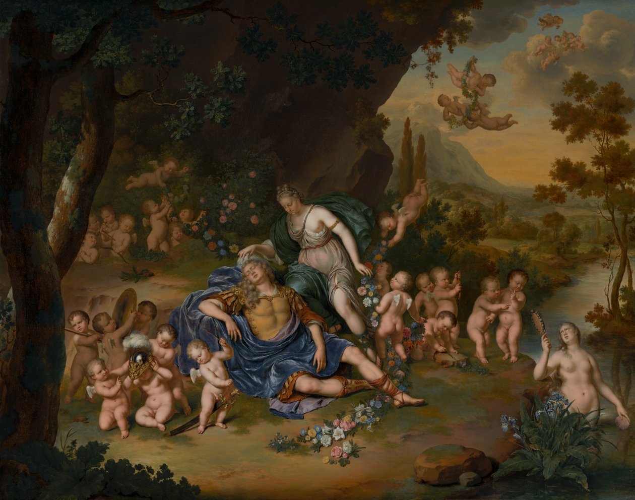Armida virágokkal köti meg az alvó Rinaldót alkotó: Willem Van Mieris