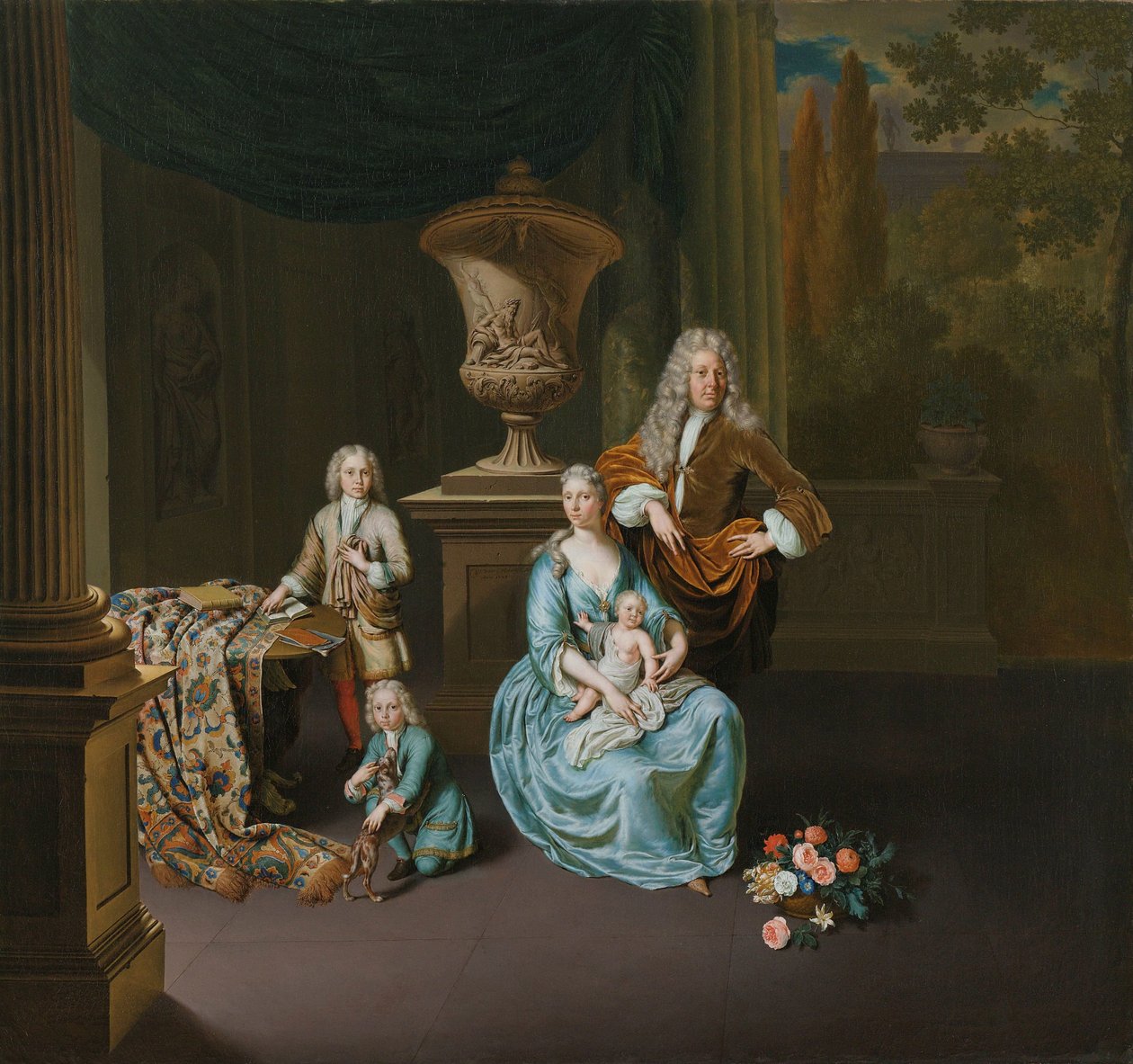 Diederik Baron van Leyden van Vlaardingen (1695-1764). Leideni polgármester feleségével, Sophia Dina de Rovere-rel és fiaikkal, Pieterrel, Jannal és Adriaan Pompejusszal alkotó: Willem Van Mieris
