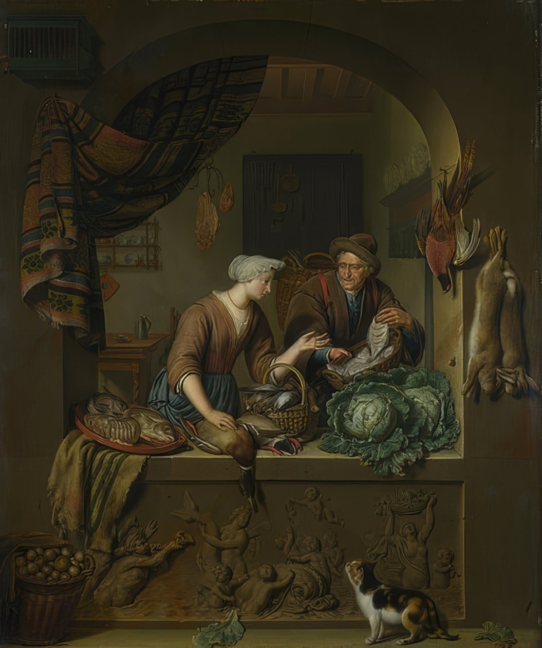 Nő és halkereskedő a konyhában. 1713 alkotó: Willem Van Mieris