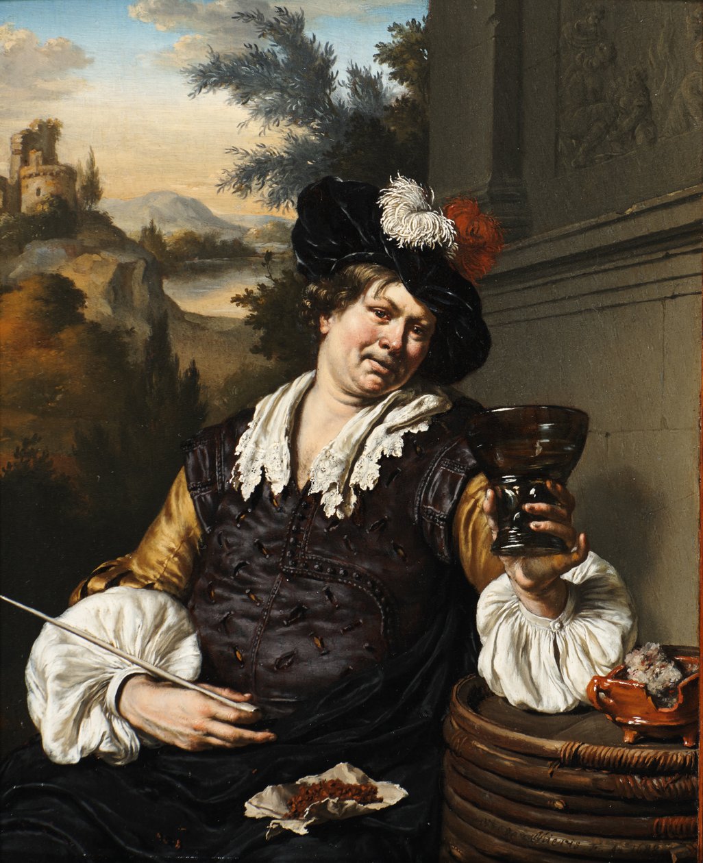 Sitzender Mann mit Berkemeier und Pfeife alkotó: Willem Van Mieris