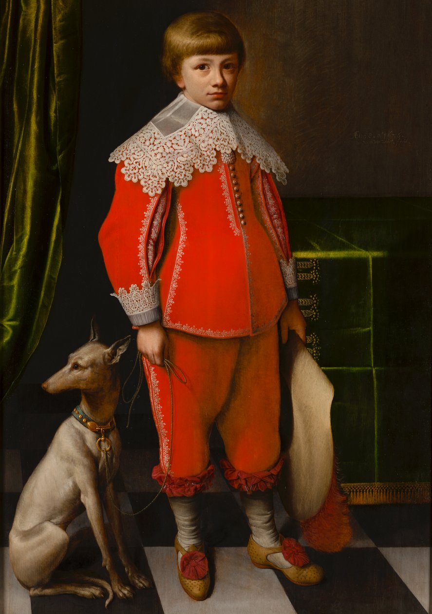 Egy nyolcéves fiú portréja egy whippettel egy kockás padlón alkotó: Willem Willemsz. van der Vliet