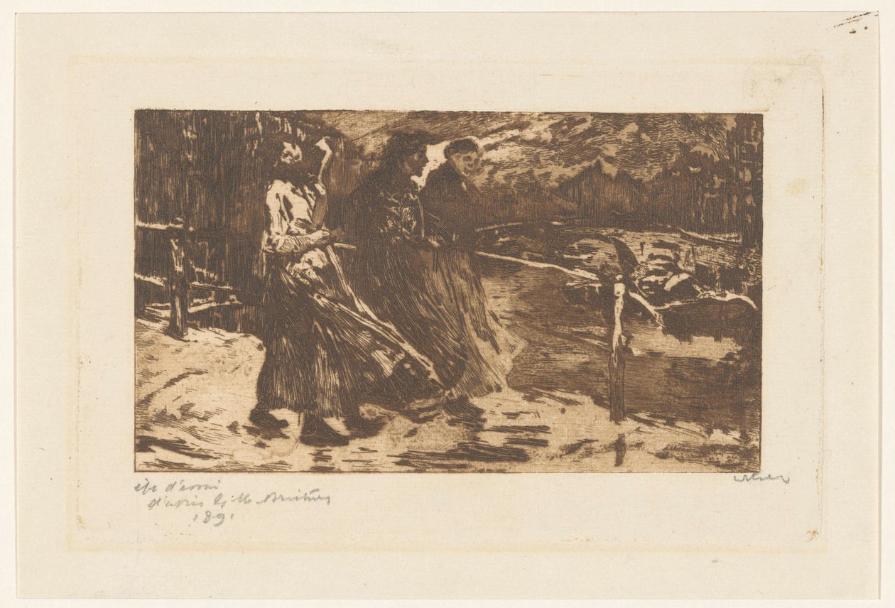 Három nő egy hídon esőben és szélben alkotó: Willem Witsen (signed by artist)