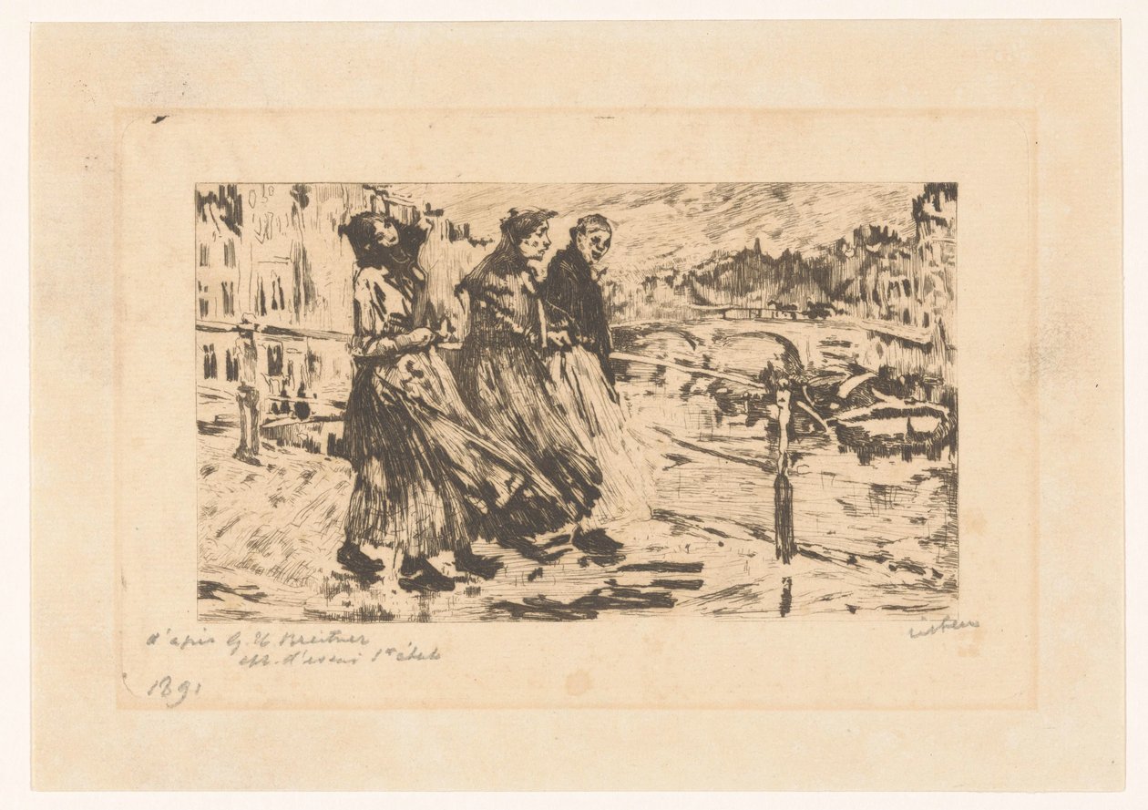 Három nő egy hídon szélben és esőben alkotó: Willem Witsen (signed by artist)