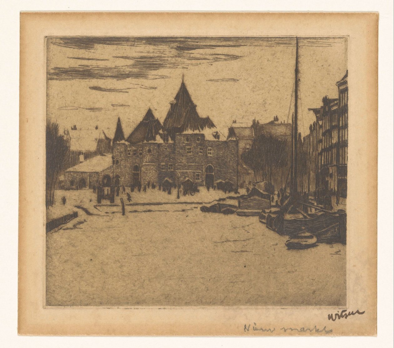 Nieuwmarkt Amszterdamban Új piac (cím az objektumon) alkotó: Willem Witsen (signed by artist)