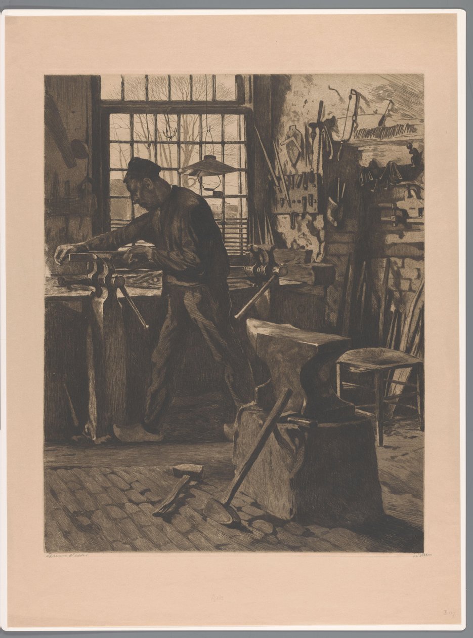 Kovács dolgozik egy satunál az ablak mellett Falusi kovács az ablak előtt (Bram) (eredeti cím) alkotó: Willem Witsen (signed by artist)