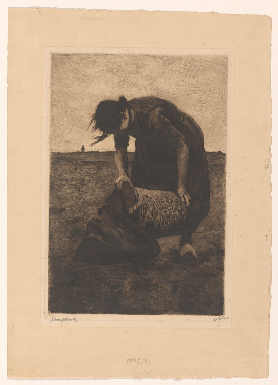 Előrehajló burgonyabetakarító kosárral és zsákkal alkotó: Willem Witsen (signed by artist)