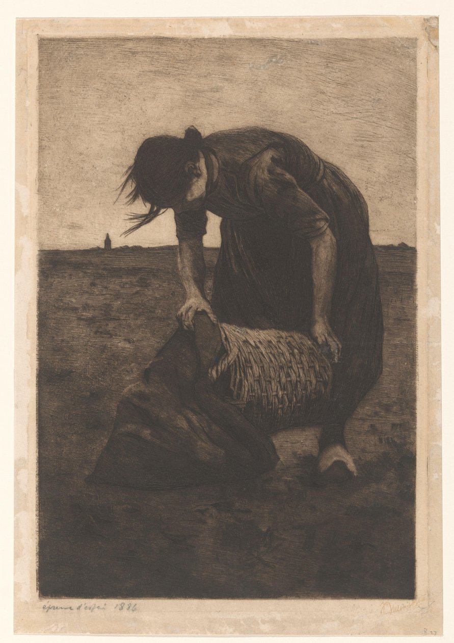 Előrehajló burgonyabetakarító kosárral és zsákkal alkotó: Willem Witsen (signed by artist)