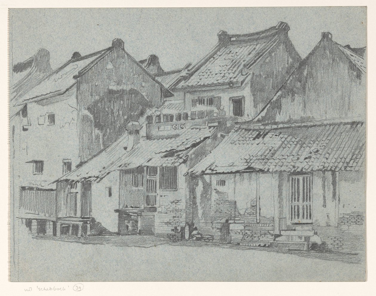Hátsó homlokzatok házak egy folyó Batavia alkotó: Willem Arnoldus Witsen
