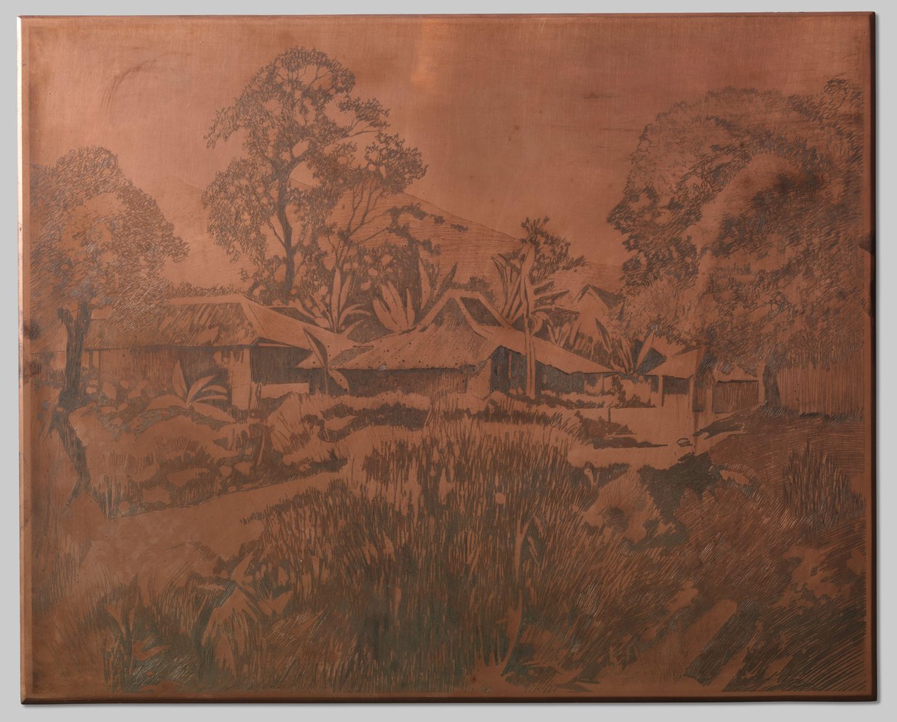 Buitenzorg, kampong házak, Salak és Cedeh jobbra a háttérben alkotó: Willem Arnoldus Witsen