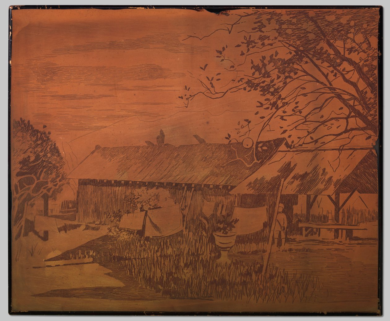 Gambar, hosszú melléképület, szárító ruhanemű az előtérben alkotó: Willem Arnoldus Witsen