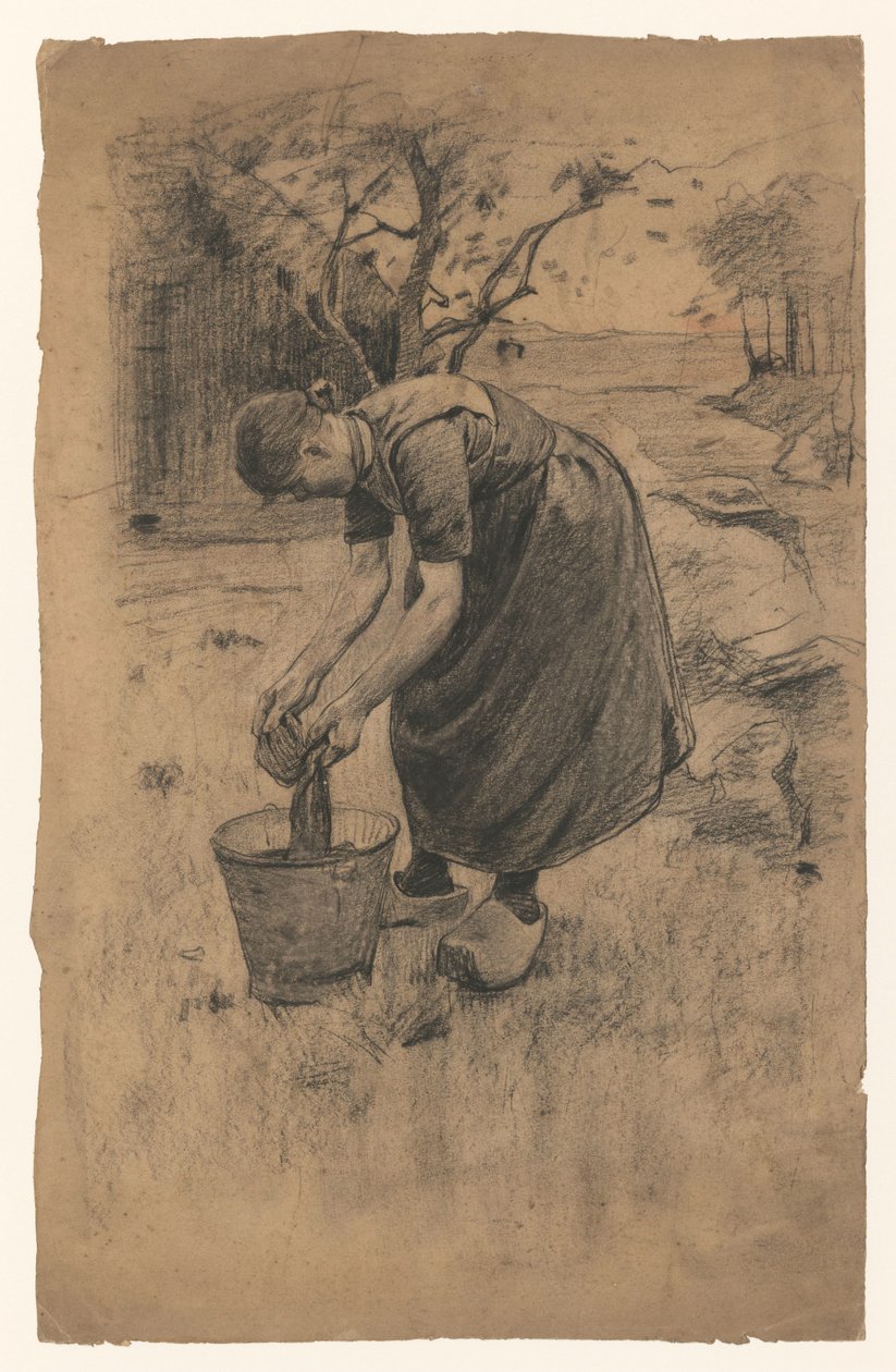 Nő mosnivalót egy vödörben egy farm előtt alkotó: Willem Arnoldus Witsen