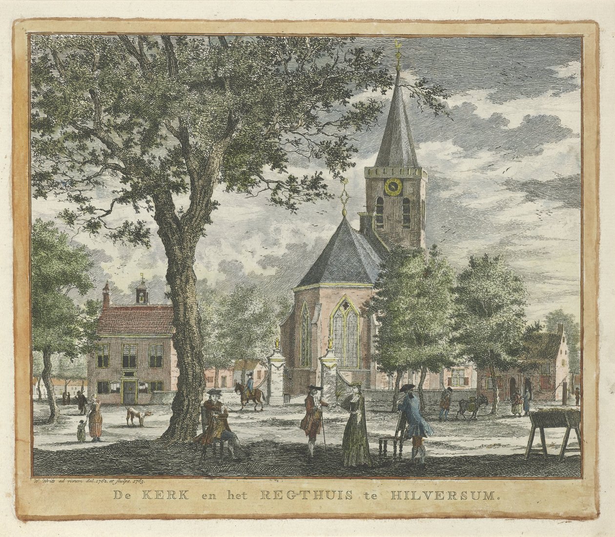 Templom és bíróság Hilversumban 1762-ben (az 1766-os tűzvész előtt) A templom és a Regthuis Hilversumban (cím a tárgyon) alkotó: Willem Writs