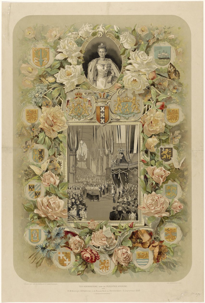 Wilhelmina királynő ünnepélyes megkoronázásának emlékére Amszterdamban a Nieuwe Kerkben – 1898. szeptember 6. (cím a tárgyon) alkotó: Willem Zwart