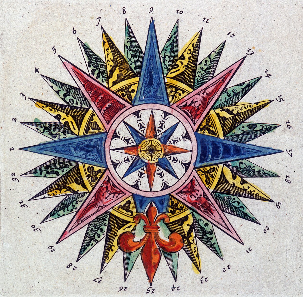 Rose des vents (10831 részlet), Guillaume és Jean Blaeu „A világ színháza vagy Új atlasz” alkotó: Willem and Joan  Blaeu