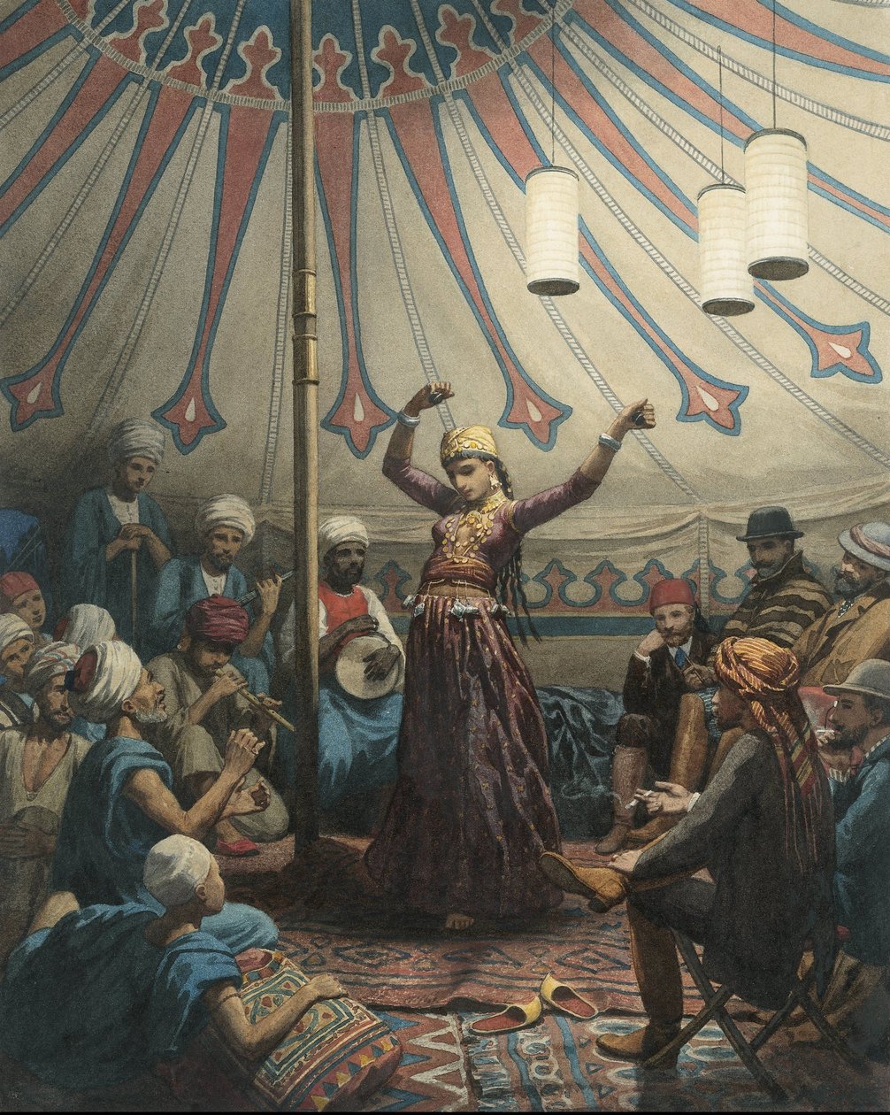 Egyiptomi táncos egy sátorban, zenészekkel és nézőkkel alkotó: Willem de Famars Testas