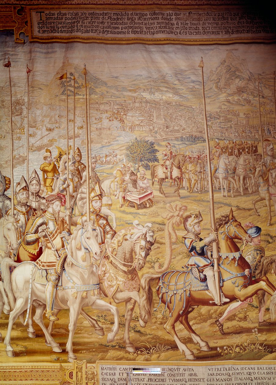 V. Károly császár Tunisz hódítása 1535-ben: a császár és a csecsemő Don Luis ábrázolása. Részlet Willem de Pannemaker kárpitjáról (aktív 1535-1554 körül) 1554 Alcazar de Seville alkotó: Willem de Pannemaker
