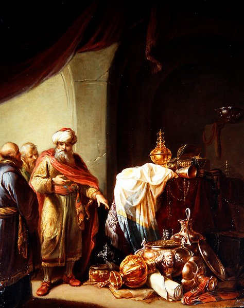 Kroiszosz megmutatja gazdagságát Szolónnak (olaj a panelen) alkotó: Willem de Poorter