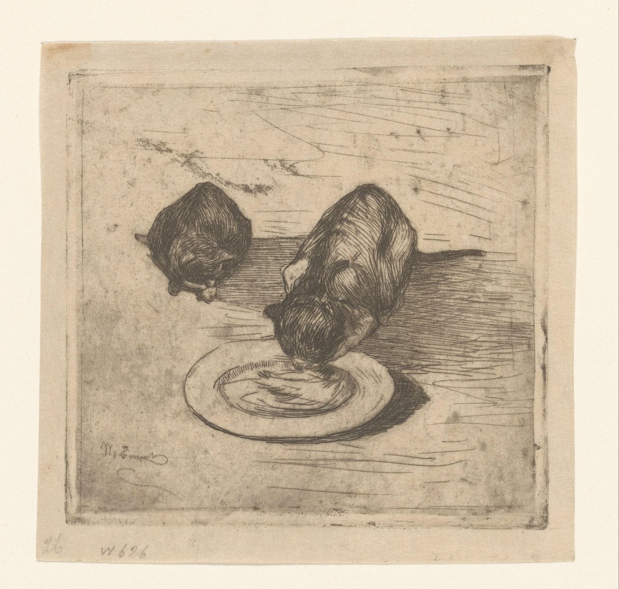 Két macska, az egyik tányérból iszik Two Kitties (eredeti cím) alkotó: Willem de Zwart