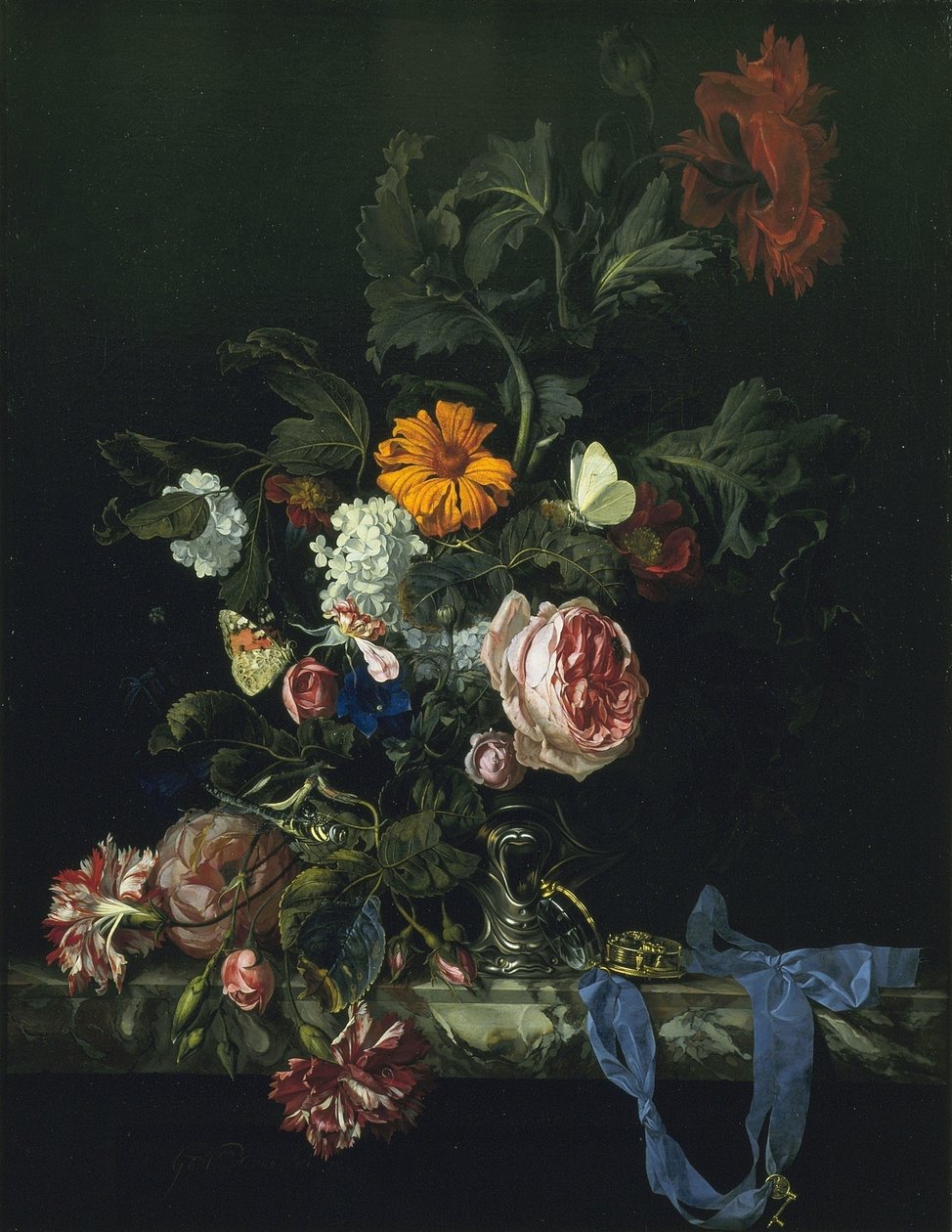 Virág csendélet egy időmérővel alkotó: Willem van Aelst