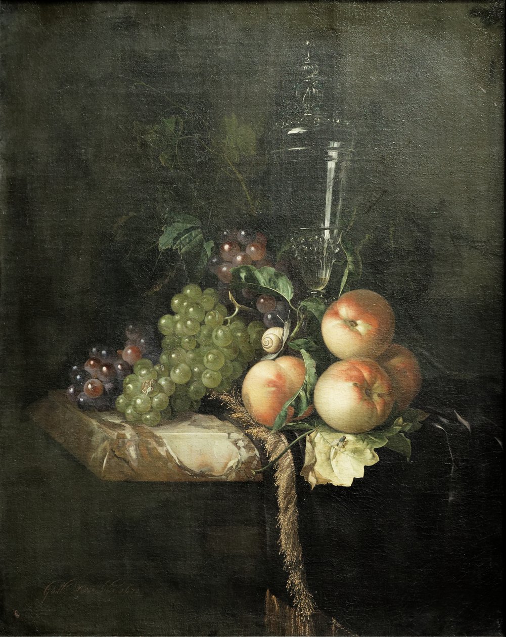 Szőlő, barack és nagy pohár alkotó: Willem van Aelst