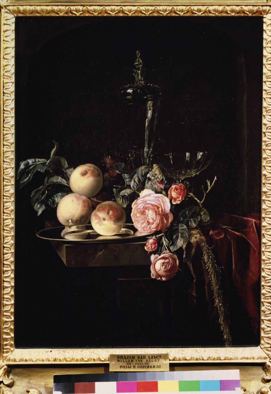 "Rózsa és őszibarack csendélete" (Rózsa és őszibarack) Willem van Aelst festménye (1625-1683 körül) 1659 Puskin Múzeum, Moszkva alkotó: Willem van Aelst