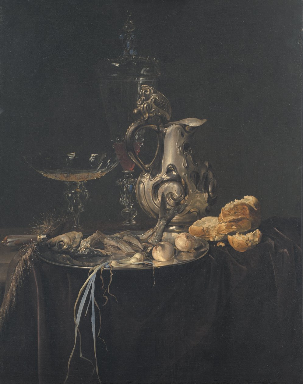 Csendélet. Reggeli darab ezüst kannával alkotó: Willem van Aelst
