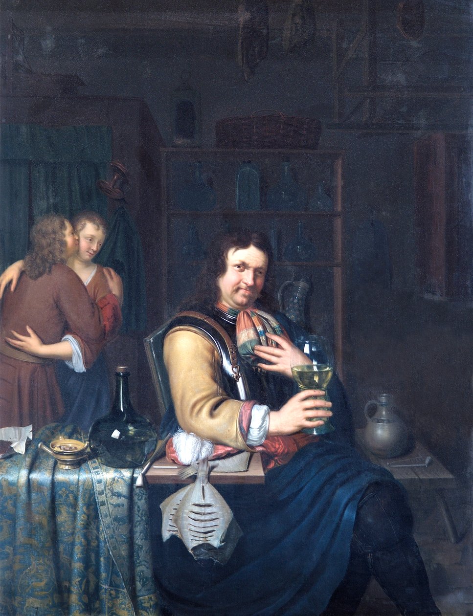 Belső Cavalier ivással és pár ölelkezéssel, 1690-1700 körül (olaj, tölgy panel) alkotó: Willem Van Mieris