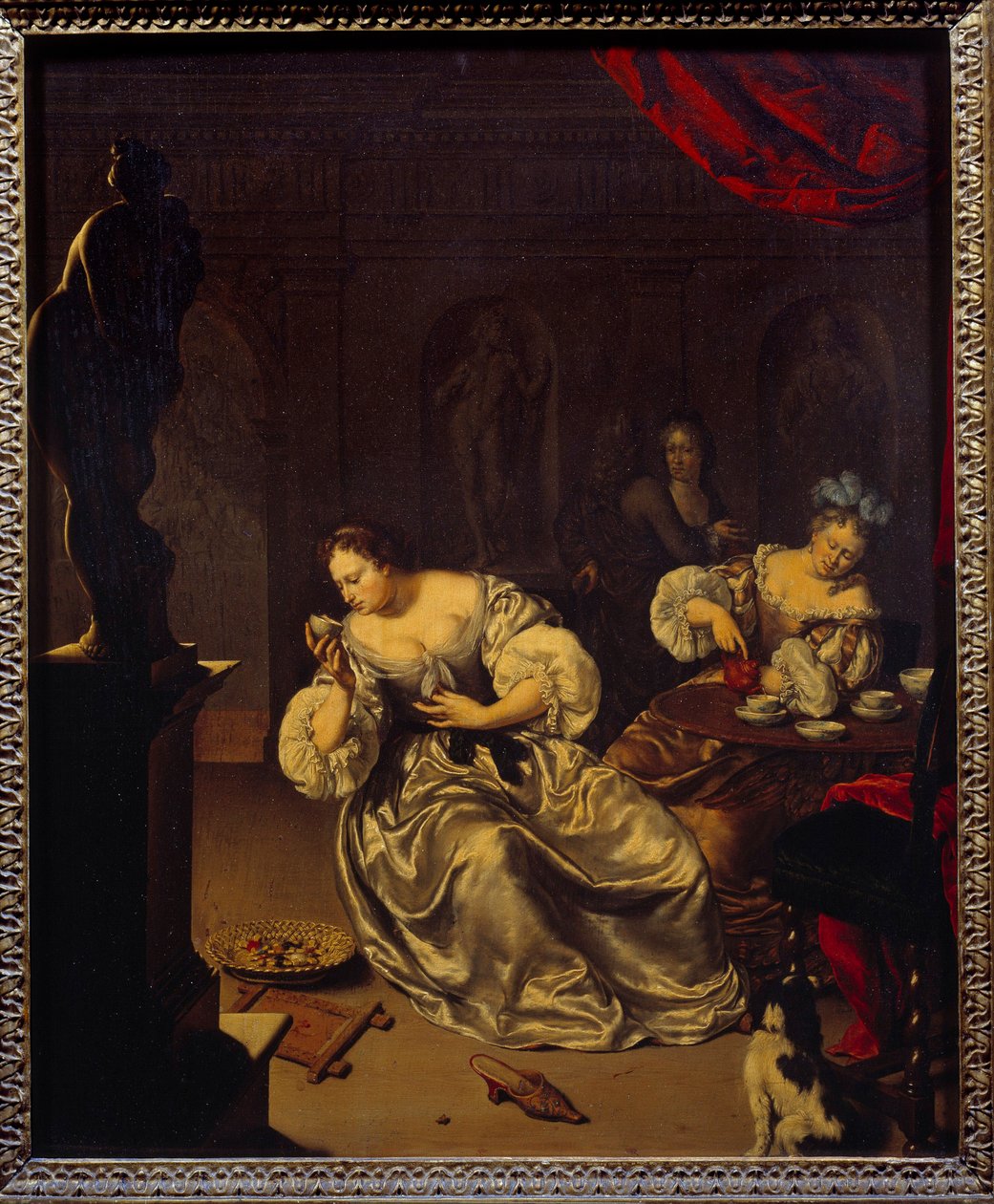 A holland nemesség asszonyai itták a teát. Willem van Mieris (1662-1747) festménye (ec.holl.) 18. század V. 0,42x0,34 m alkotó: Willem Van Mieris