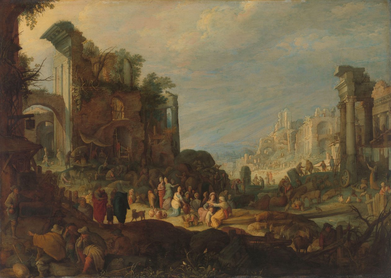 Utazók a római romok között Rebeccával és Eliezerrel a kútnál alkotó: Willem van Nieulandt (II) (attributed to)
