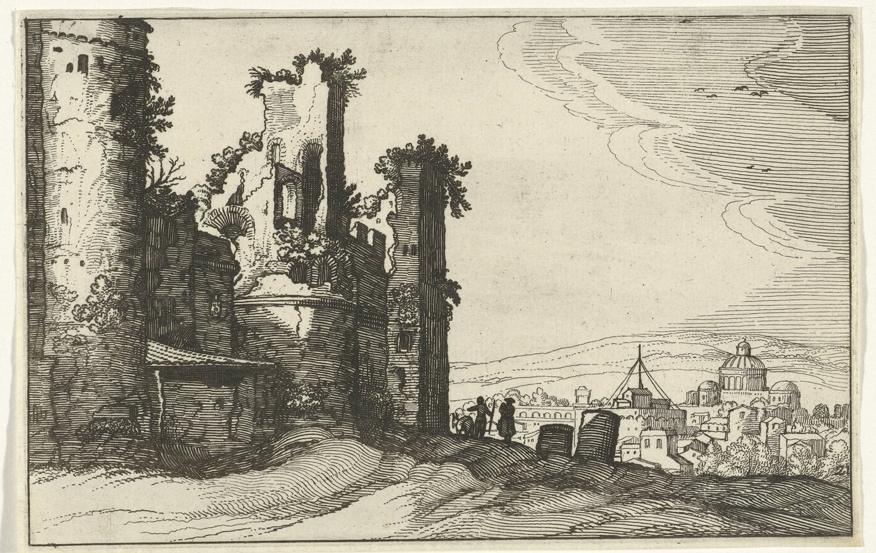 Kilátás Rómára a Monte Pincio felől Római romok és tengerparti tájak (1. sorozat) (sorozat címe) alkotó: Willem van Nieulandt (II)