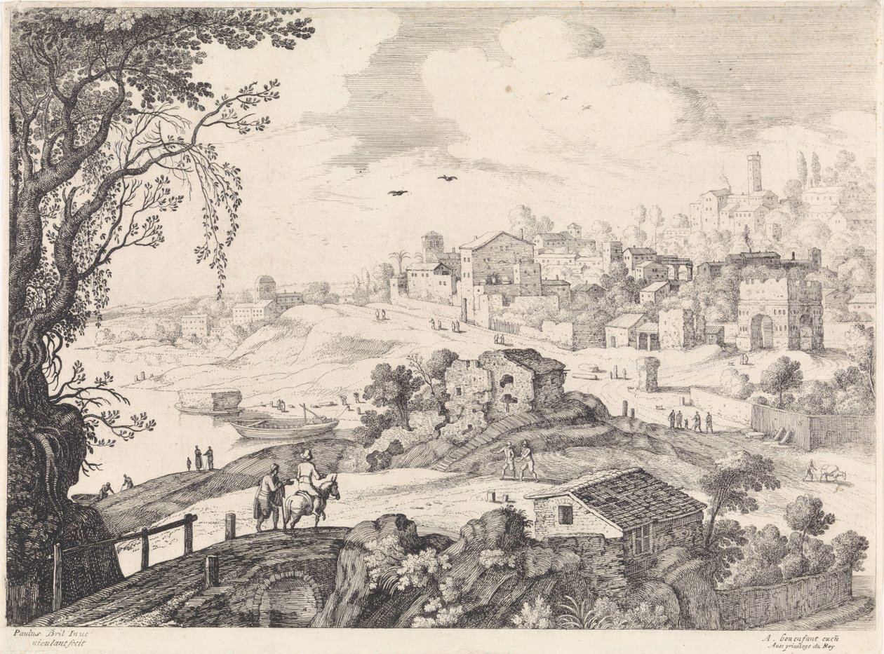 Olasz táj egy várossal Olasz tájak (sorozat címe) alkotó: Willem van Nieulandt (II)