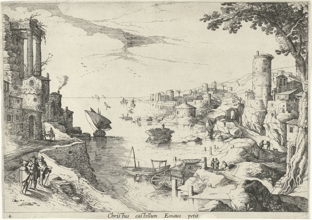 Táj az emmausi utazókkal Christ castellum Emaus petit (cím a tárgyon) Olasz tájak bibliai jelenetekkel (sorozat címe) alkotó: Willem van Nieulandt (II)