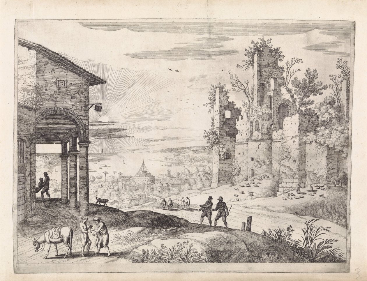 Landschap met de barmhartige Samaritaan bij de herberg Italiaanse landschappen (series title)   1381739   hu       hungarian Successfully Translated  Original: Beggar with a rosary, from The Beggars (Le mendiant au rosaire) Translat: Beggar with a rosary,  alkotó: Willem van Nieulandt (II)