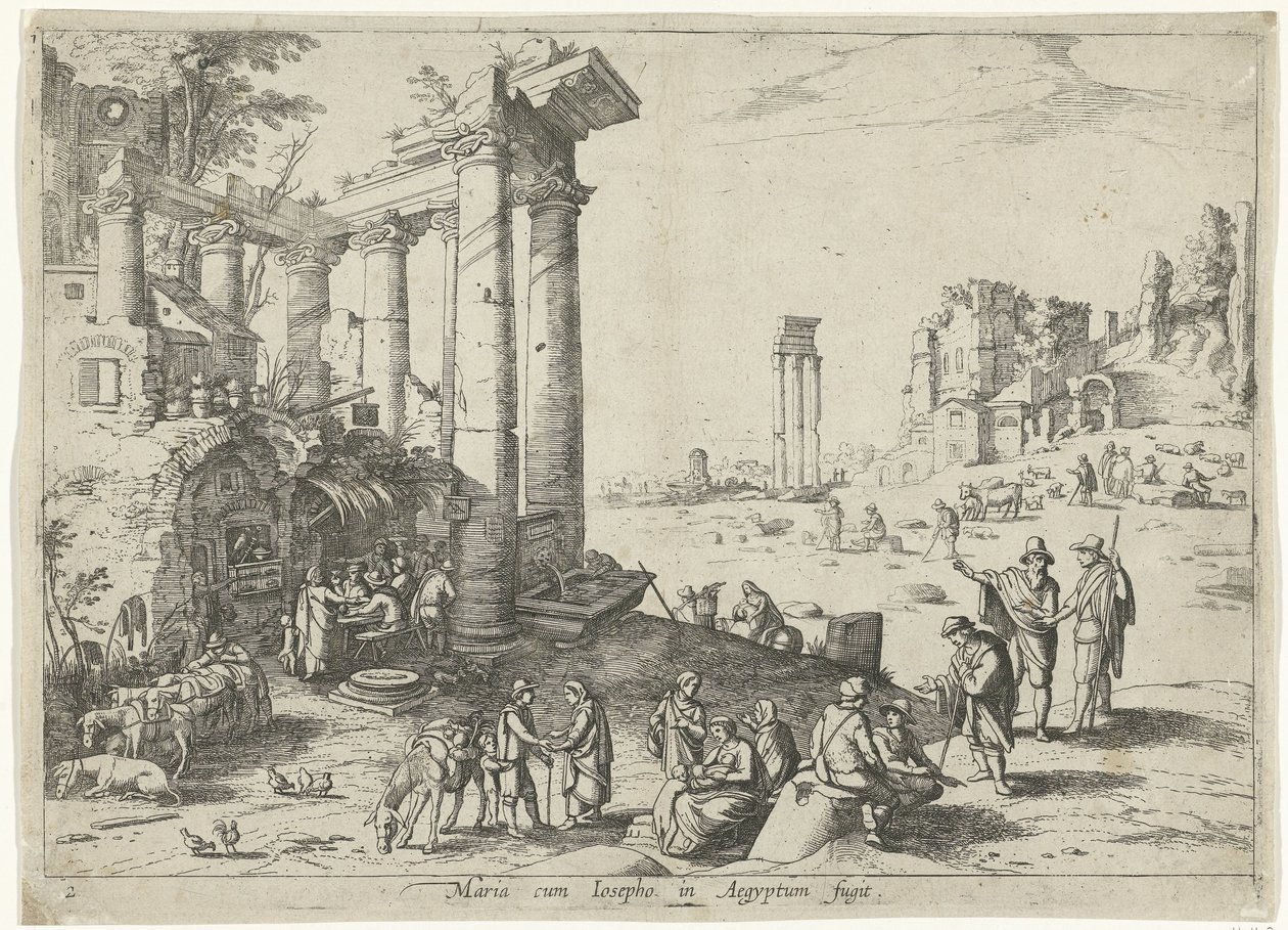 Táj a repüléssel Egyiptomba Maria cum Iosepho in Aegyptum fugit (cím a tárgyon) Olasz tájak bibliai jelenetekkel (sorozat címe) alkotó: Willem van Nieulandt (II)