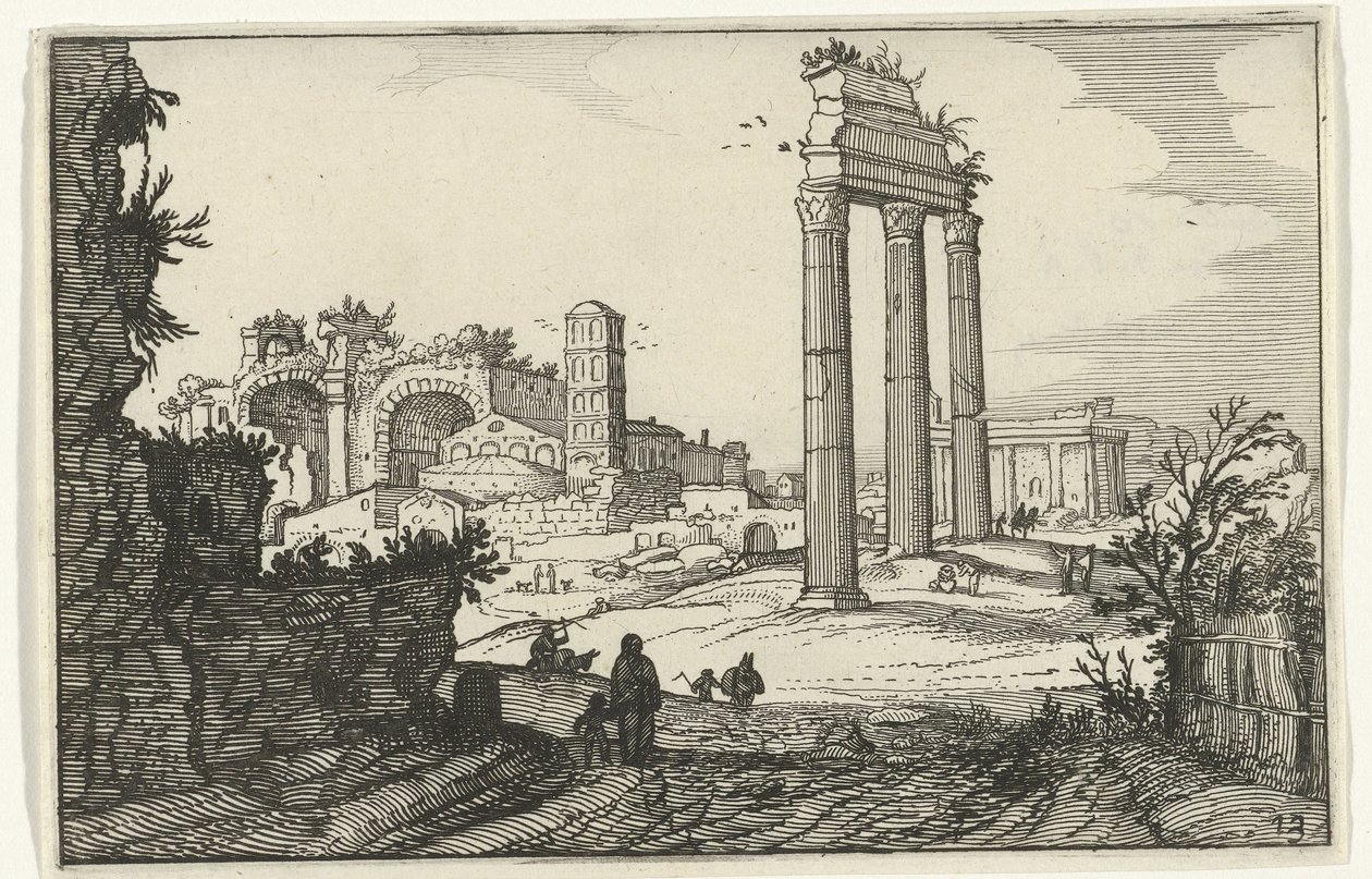 Castor és Pollux temploma és Konstantin-bazilika Római romok és tengerparti tájak (1. sorozat) (sorozat címe) alkotó: Willem van Nieulandt (II)