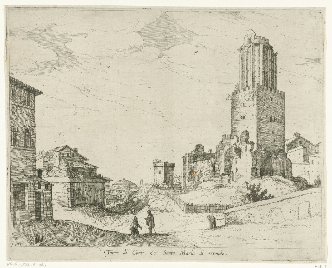Torre delle Milizie és a Pantheon Torre di Conti e Santo Maria di retonde (cím a tárgyon) Róma kilátásai (sorozat címe) alkotó: Willem van Nieulandt (II)