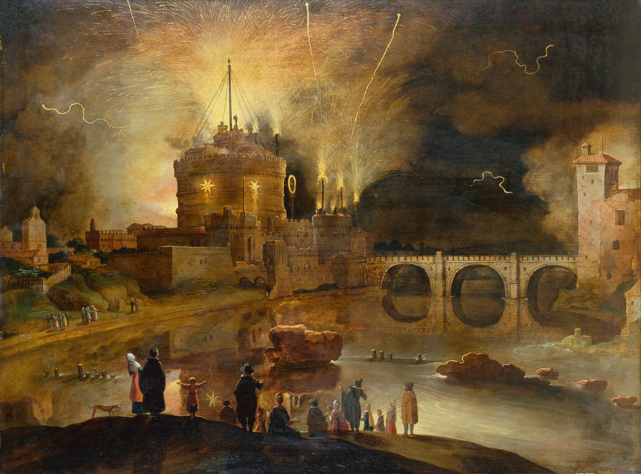A Castel Sant Angelo, Róma, a városiak éjszakai tűzijátékot néznek (olaj a panelen) alkotó: Willem van Nieulandt