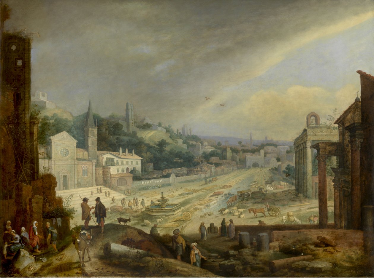 Kilátás a Campo Vaccino-ra, Róma (olaj, panel) alkotó: Willem van Nieulandt