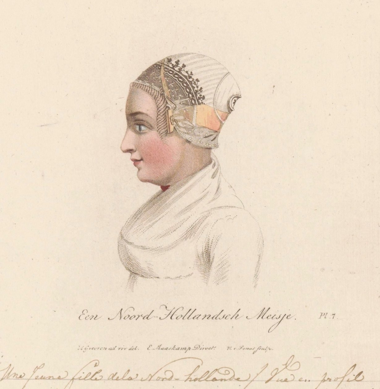 Egy észak-hollandiai lány fejdísze, 1816 Egy észak-holland lány / Une Jeune fille de la Nord-hollande / Vue en profil (cím a tárgyon) alkotó: Willem van Senus