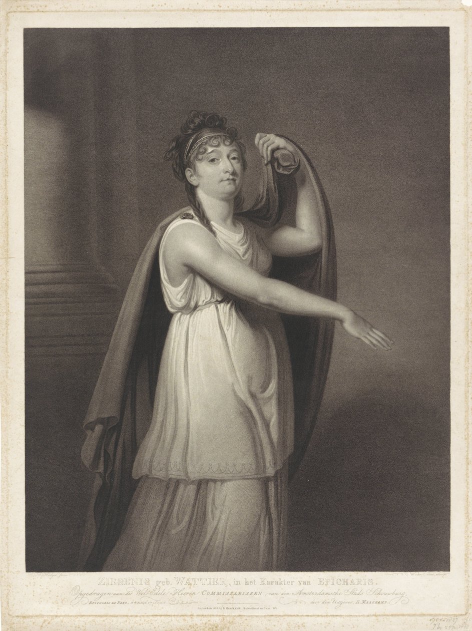 Johanna Cornelia Ziesenis-Wattier portréja Ziesenis b. Wattier, Epicharis karakterében (cím a tárgyon) alkotó: Willem van Senus