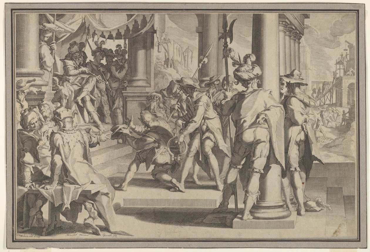 Az igazságosság allegóriája A törvény szentsége bírósági jelenettel, amely egy kegyelmet ábrázoló férfit ábrázol..., 1605. alkotó: Willem van Swanenburg